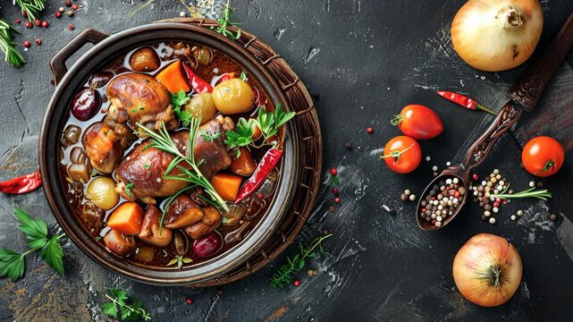 Traditional French coq au vin served on a rustic plate
