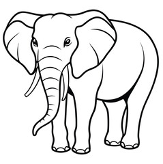 Obraz premium Cartoon elephant vector in black outline. Features big ears, a curly trunk, and a smiling face. Perfect for coloring pages, nursery prints, stickers, posters, printables, baby shower invites 