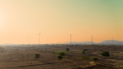 beautiful aerial view of Wind farm at sunrise.