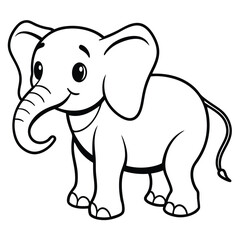 Fototapeta premium Cartoon elephant vector in black outline. Features big ears, a curly trunk, and a smiling face. Perfect for coloring pages, nursery prints, stickers, posters, printables, baby shower invites 