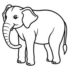Obraz premium Cartoon elephant vector in black outline. Features big ears, a curly trunk, and a smiling face. Perfect for coloring pages, nursery prints, stickers, posters, printables, baby shower invites 