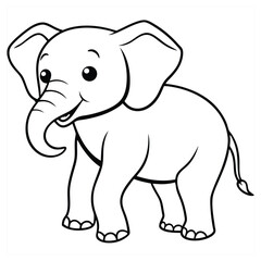 Naklejka premium Cartoon elephant vector in black outline. Features big ears, a curly trunk, and a smiling face. Perfect for coloring pages, nursery prints, stickers, posters, printables, baby shower invites 