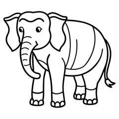 Fototapeta premium Cartoon elephant vector in black outline. Features big ears, a curly trunk, and a smiling face. Perfect for coloring pages, nursery prints, stickers, posters, printables, baby shower invites 