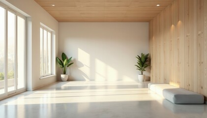 Fototapeta premium Spacious empty room with high ceilings and minimalist decor, elegance, neutral colors