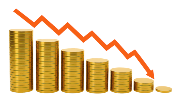 Dramatic Decline in Financial Wealth Represented by Stacks of Gold Coins and a Downward Arrow, Isolated on Transparent and White Background