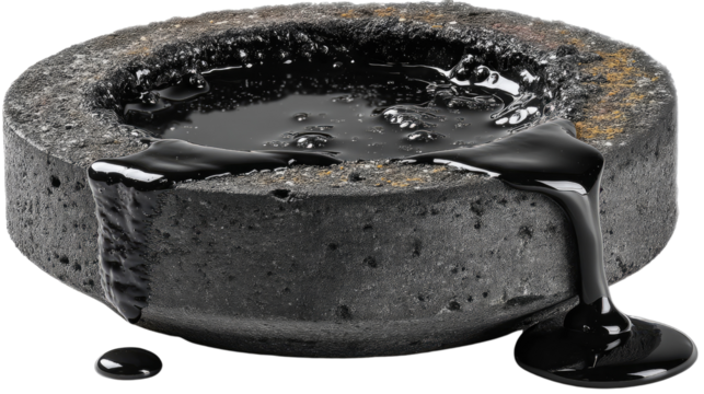 Crude Oil in Dish: A closeup of a small dish filled with thick, viscous crude oil, with drops of the substance cascading over the rim.