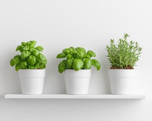 Open shelf with potted basil and rosemary, clean kitchen garden idea