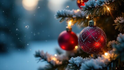 Sparkling ornaments on a frosty Christmas tree, garland, decorations