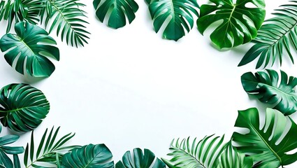 Summer tropical leaves with blank paper on white background  