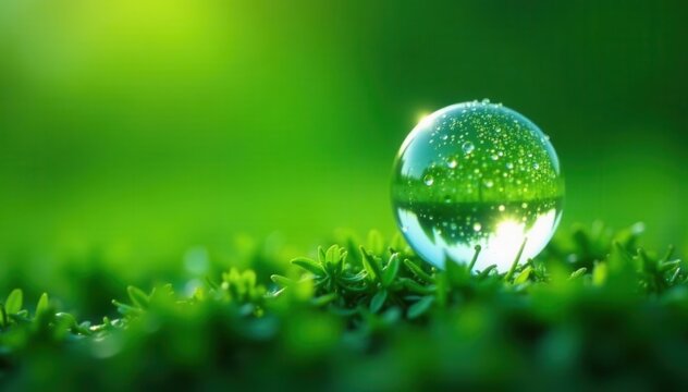 Spherical dew drop on a single vibrant green blade of grass , dewdrop, microscopic