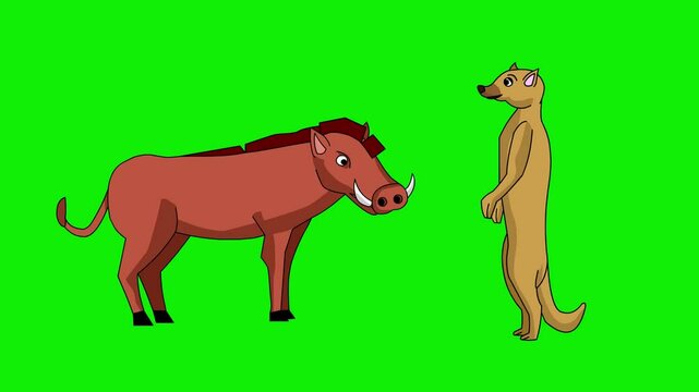 Animated video of a wild boar and a meerkat on a green background, art.