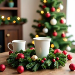 Wreath surrounded by festive cups and glasses on a table with a Christmas tree in the background, festive table, festive cups