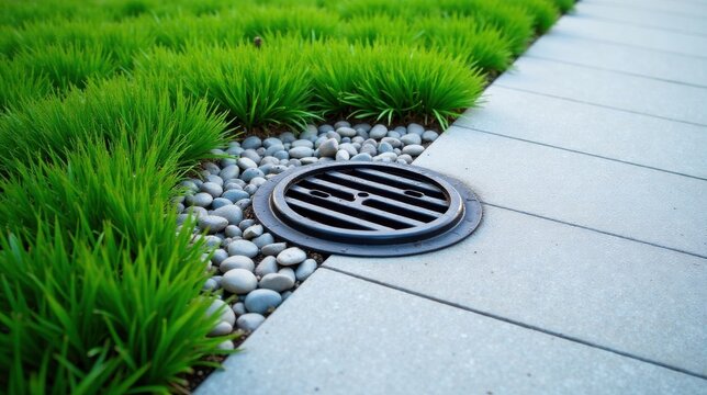 Modern drainage system integrated into a landscaped walkway featuring lush green grass and smooth grey stones
