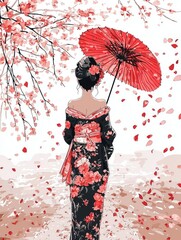 Elegant woman in kimono under cherry blossoms.