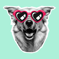 dog wearing heart-shaped sunglasses, retro halftone effect illustration