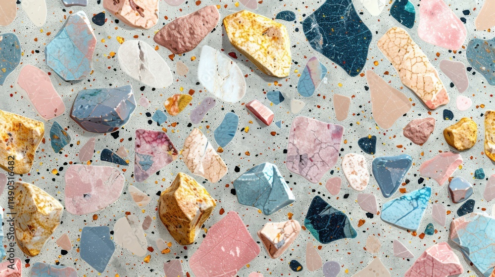 Poster smooth terrazzo pattern with delicate pastel color stone flecks scattered on a clean seamless cement
