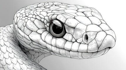 Detailed grayscale drawing of a snake's head.  Close-up view showcasing intricate scales and eye