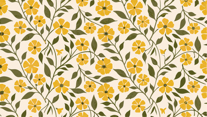 Beautiful Yellow Floral Pattern on a Cream Background. This seamless pattern features a repeating design of delicate yellow flowers and dark olive green leaves on a cream-colored background.
