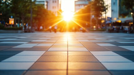 Obraz premium Urban street paving tiles with sunrise or sunset scene