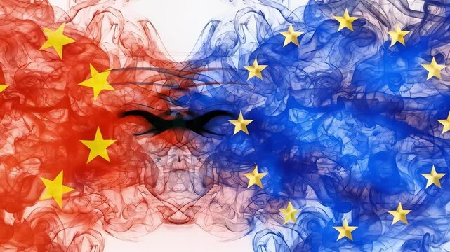 European and Chinese flags in smoke. A business-themed representing conflict and trade tariffs. Europe versus China. Currency exchange between the Euro and the Yuan highlights global trade tensions