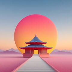 Fototapeta premium Pastel Pagoda: Serene digital art depicting a traditional East Asian pagoda, bathed in the soft glow of a giant pastel sun, set against a minimalist pink landscape.