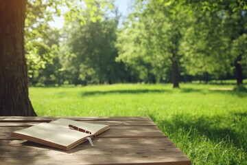 Notebook and pen on wood table in a green outdoor setting