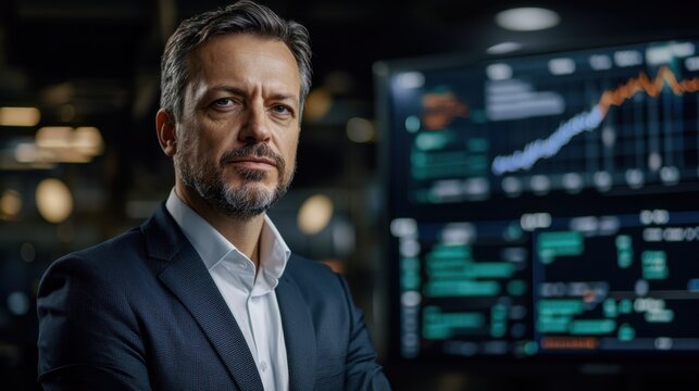 A business professional stands confidently in a modern office, analyzing financial charts on a large screen. The room is well-lit, highlighting various data metrics