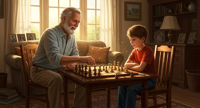 Grandfather and Grandson Playing Chess in a Sunlit Living Room