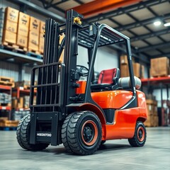 A high-resolution commercial stock photo featuring a forklift, professionally lit and composed, exhibiting a sense of scale and power within a realistic industrial environment