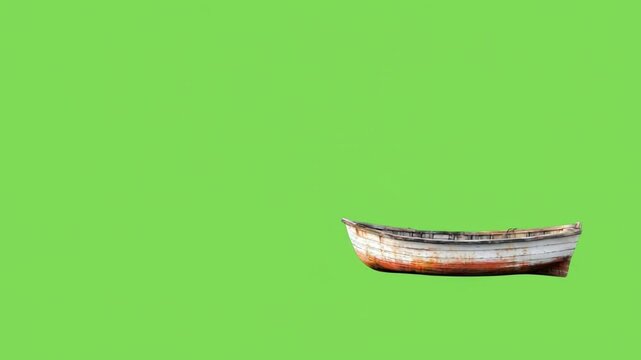 Old Rowboat on Green Screen: A weathered, old wooden rowboat sits serenely on a vibrant green screen, offering a versatile backdrop for various creative projects.