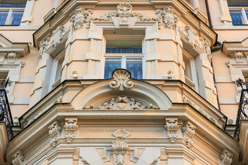 Ornate architectural details of a historic european building facade