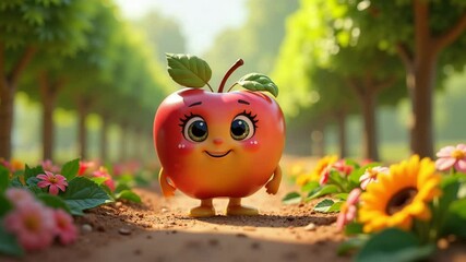 Cartoon apple with big eyes with a happy mood, against the background of a tulip field