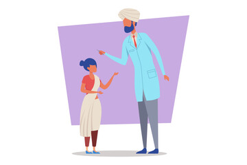 Doctor in traditional attire consulting with young girl in medical office. Doctor discussing health topics with girl, promoting well-being