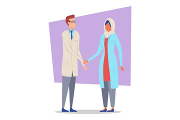 Two healthcare professionals, man and woman, shaking hands in modern medical office. Concept of teamwork and collaboration in healthcare field