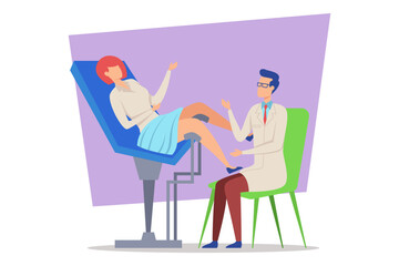 Gynecologist discussing health matters with patient in medical chair during check-up