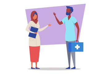 Two healthcare professionals engaged in discussion about patient care strategies. Woman wearing lab coat and holding clipboard, while man holding medical bag