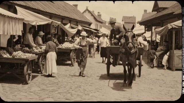 Horse-drawn cart passing through bustling marketplace in sepia tone