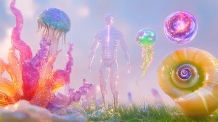 A translucent human figure stands amidst surreal, vibrant flora and jellyfish-like creatures in a dreamy, pastel landscape