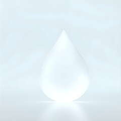 The image presents a single, white water droplet against a light blue backdrop. The droplet, illuminated from below, casts a subtle shadow to its right, adding depth to the scene.
