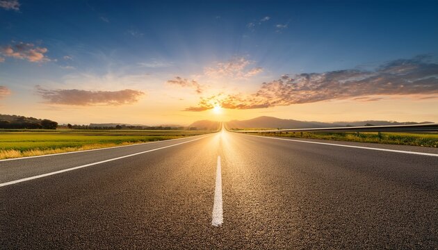 beautiful sun rising sky with asphalt highways road in rural sce
