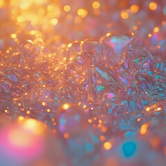 The image captures a vibrant and abstract close-up of a bubble-like pattern, filled with a multitude of colorful lights and reflections, creating a bokeh effect that blurs the background into a soft, 
