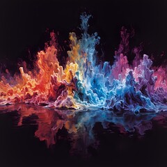 A vibrant digital artwork showcases an explosion of color in hues of red, orange, yellow, blue, and purple, reflected on the dark surface below.