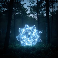 The image depicts a glowing blue star-shaped light source surrounded by a forest setting, casting a radiant aura in the undergrowth.