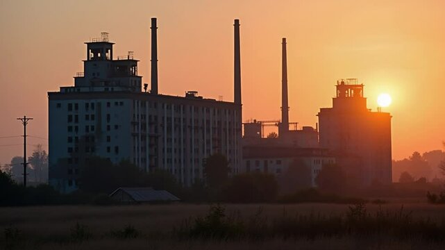 abandoned industrial factory buildings at sunset