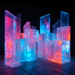 The image showcases a collection of translucent cubes arranged in an unconventional manner, illuminated by a mix of vibrant and subtle blue, red, and orange lights, creating a visually striking and dy