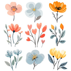 Set of abstract floral illustrations. Collection of hand-drawn decorative flowers in pastel and bright colors. Minimalist botanical elements in modern watercolor style. 