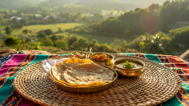 A wide open hilltop view during golden hour, with a woven mat holding rumali roti and kala bhuna in traditional brass dishes, overlooking the scenic valley below.