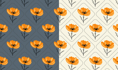 Seamless floral pattern with stylized flower buds and elegant leaves arranged in a symmetrical, repeating design. Suitable for fabric design, wallpaper, wrapping paper, and digital backgrounds