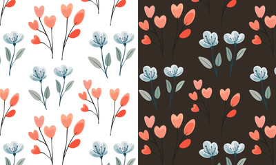 Seamless floral pattern with stylized flower buds and elegant leaves arranged in a symmetrical, repeating design. Suitable for fabric design, wallpaper, wrapping paper, and digital backgrounds