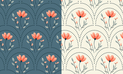 Seamless floral pattern with stylized flower buds and elegant leaves arranged in a symmetrical, repeating design. Suitable for fabric design, wallpaper, wrapping paper, and digital backgrounds